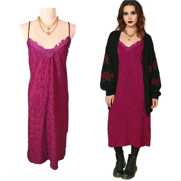 VTG 80s Fuscia Pink Textured Floral Tank Midi Slip Dress Large - Picture 1 of 16